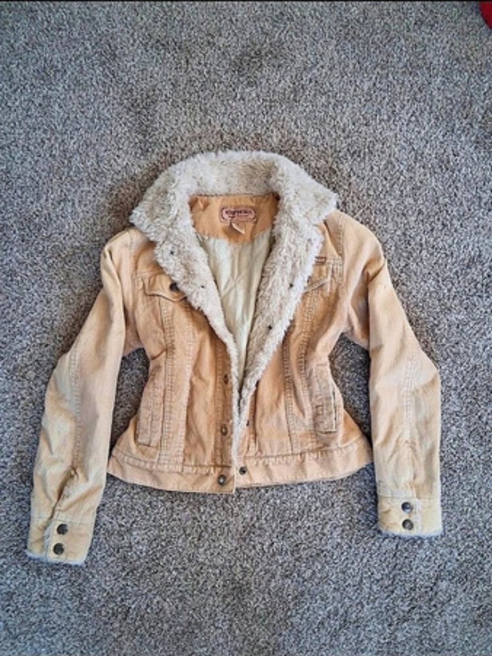 Vintage Aeropostale Y2k Corduroy Sherpa Jacket in Tan & White With Fir Trim